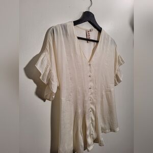 dolan Cream V-Neck Button Front Ruffle Sleeve Blouse